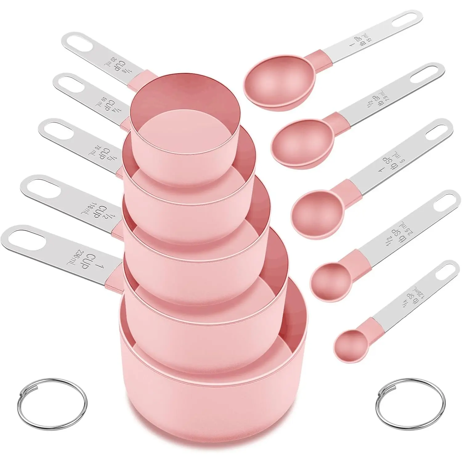 Plastic Pink 10-Piece Stackable Measuring Cups and Spoons Set - Kitchen Utensils Essentials with Stainless Steel Handles for Dry & Liquid Ingredients