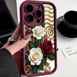 A Gold Scroll Rose Design Pattern Phone Case, TPU Shockproof Full Protection Case, Suitable for iPhone 17/16/15/14/13/12/11 PRO MAX PLUS AIR E XS and PROMAX MINI, Ideal Gift for Friends and Family, T1870