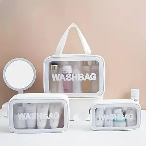 3 Piece Portable Toiletry Bag Set, Semi-Transparent Travel Upgrade, Large Capacity Makeup Bags with Handles, PU Material, Women's Organizer