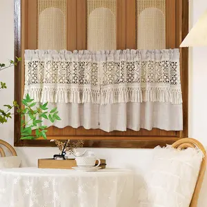 Boho Crochet Lace Sheer Valances for Window Kitchen Vintage Macrame Valances with Tassels for Dining Room Living Room Farmhouse Rustic Crochet Curtain Valance Rod Pocket 1 Panel