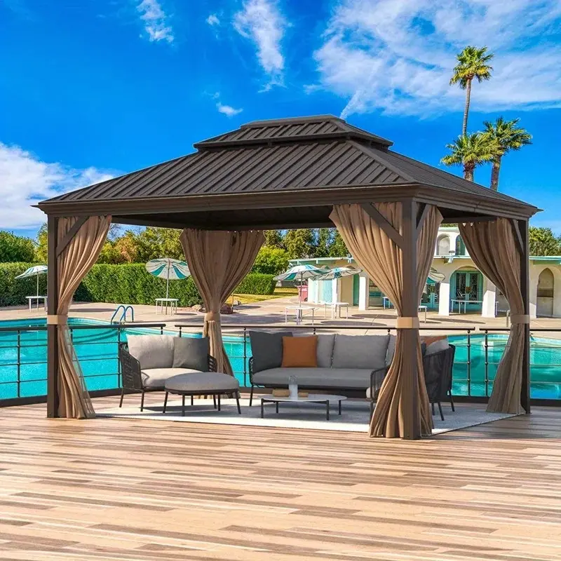 12' x 14' Hardtop Gazebo, Permanent Metal Double Roof Outdoor Pavilion for Patios, Dark Brown