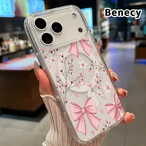 Magnetic Soft Case for iPhone 17 16  Pro Max Plus 15 14 13 12 11 Air E Blossom Bow Delight Pattern Anti-Yellowing Shockproof ultra-thin Silicone Crystal Transparent Acrylic Large Hole Cover Supports Wireless Charging