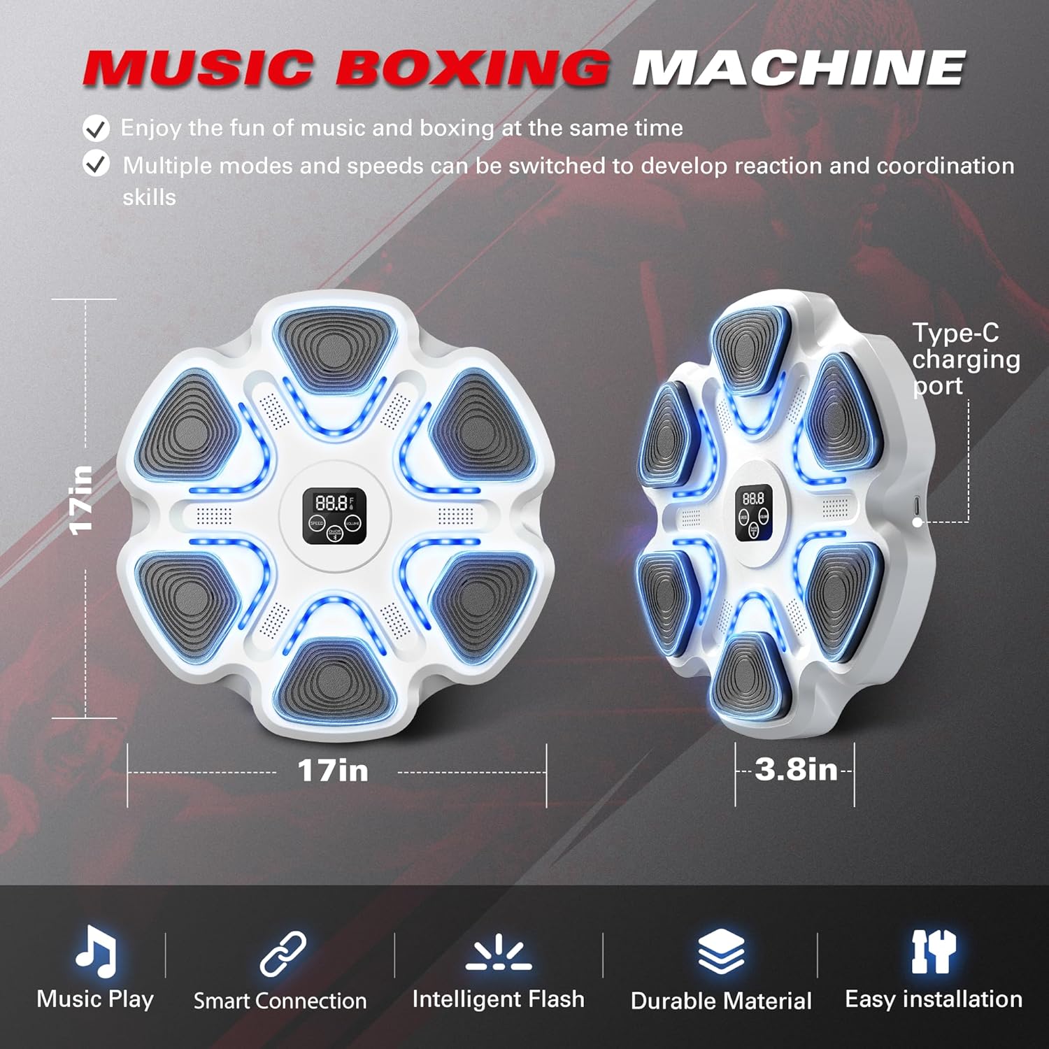 Music Boxing Machine with Gloves for Adults Boxing Machine Wall Mounted Music, Smart Connection Boxing Equipment for Home and Gym, Training Machine with Electronic Wall Mounted