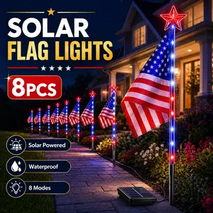 8PCS Solar American Flag Lights Outdoor, Patriotic Red White Blue LED Stake Lights with 8 Modes, Waterproof Solar Powered Yard Garden Pathway Decor for 4th of July, Memorial Day, Veterans Day