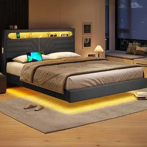 Sikaic LED Bed Frame With Charging Station Storage Headboard Black Modern Bed