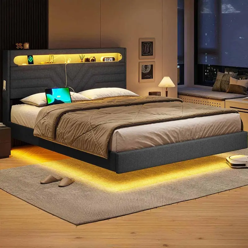 [TiktokShopStockUp] Sikaic LED Bed Frame With Charging Station Storage Headboard Modern Bed Black, Full/Queen Size, Home Furniture Christmas Gifts