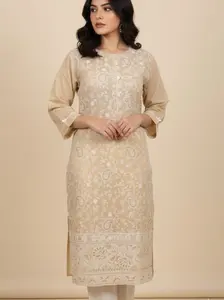 Beige Floral Kurti & White Shawl Set Two-Piece 2PS-4 Size 3XL Soft Breathable Fabric Machine Washable Stylish Comfortable Outfit