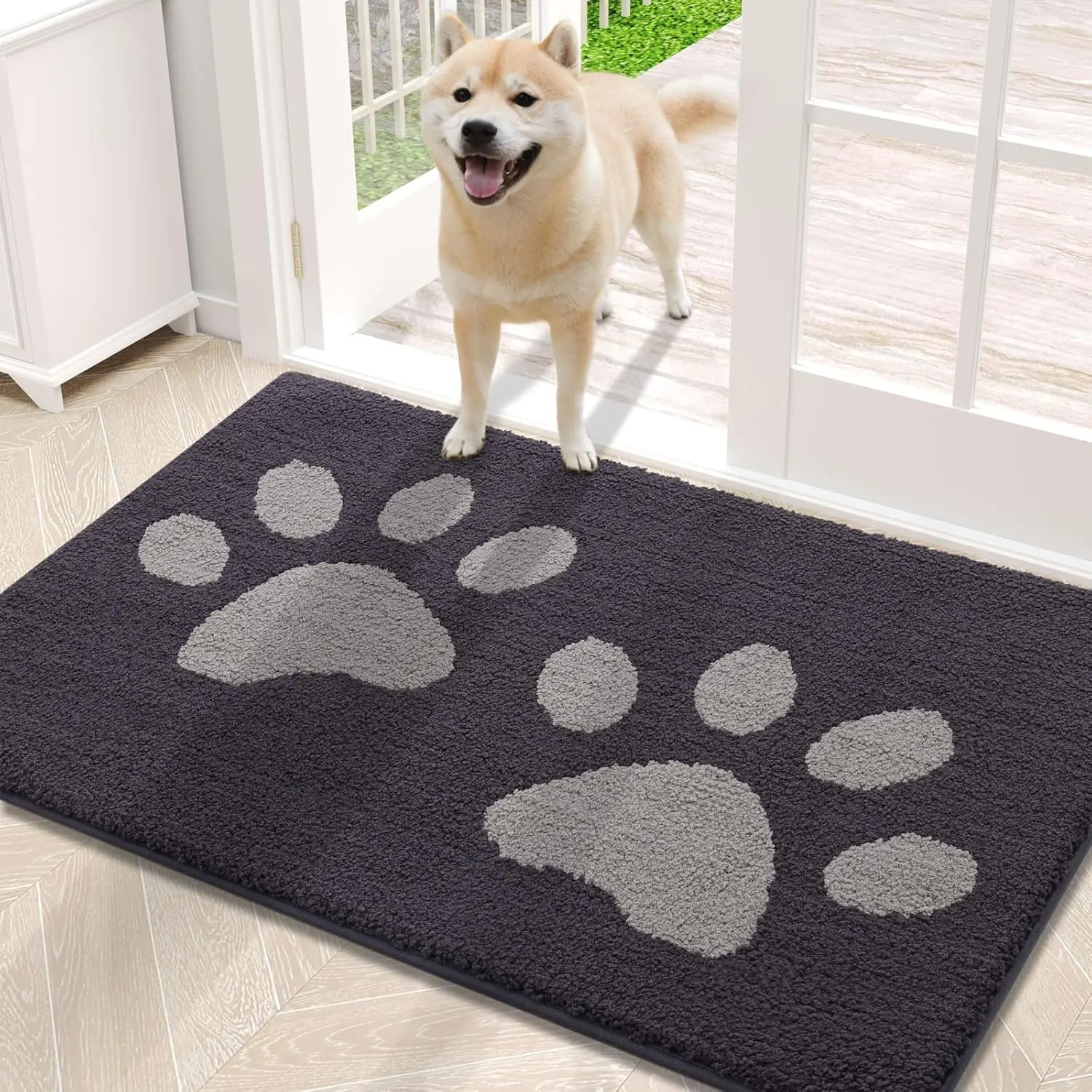 Dog Door Mat for Muddy Paws, Absorbent Dirt Trapper Washable Indoor Doormats, Non Slip Low-Profile Mud Mat for Dogs, Front Entrance Doormat for Inside Floor (30x20 Inches, Dark Grey)
