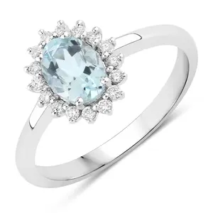 0.76 Ct Genuine Oval Aquamarine and Lab Diamond Silver Halo Ring