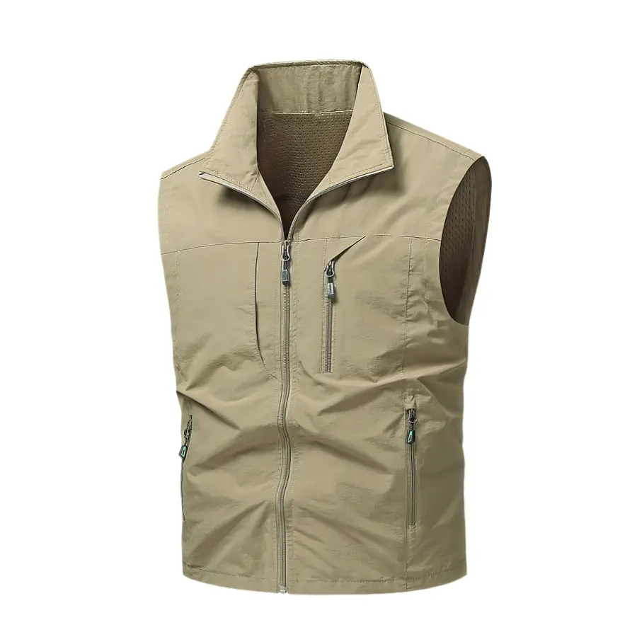 Men’s outdoor work vest, lightweight breathable summer stand-collar tactical vest, sleeveless multi-pocket top, photography/fishing vest