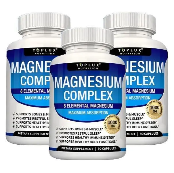3 Bottles of Nutrition MagnesiumComplex Toplux 7 Elemental SourcesMen Women Bone Muscle SleepImmune Support Nature DecentFitness Dietary Supplement MalateTaurate Chelated for Easy Absorptionfor Bones Muscle Recovery Energy1000mg 90 Capsules