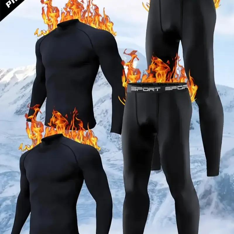 4PCS RUKIOO Men's Compression Sports Set – Thermal Wear Base Layer with Stand Collar & Raglan Sleeves, Polyester/Elastane, Breathable & Stretch, for Fall/Winter Outdoor Training, Cycling & Running, Compression Garment, Compression Sportswear