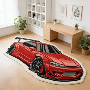 Red modified sports car shaped carpet, red and black contrasting velvet floor mat, bedroom bedside anti slip and wear-resistant foot mat, e-sports room decorative mat, Decorative area rug, suitable for ins style/car trendy play, home decoration