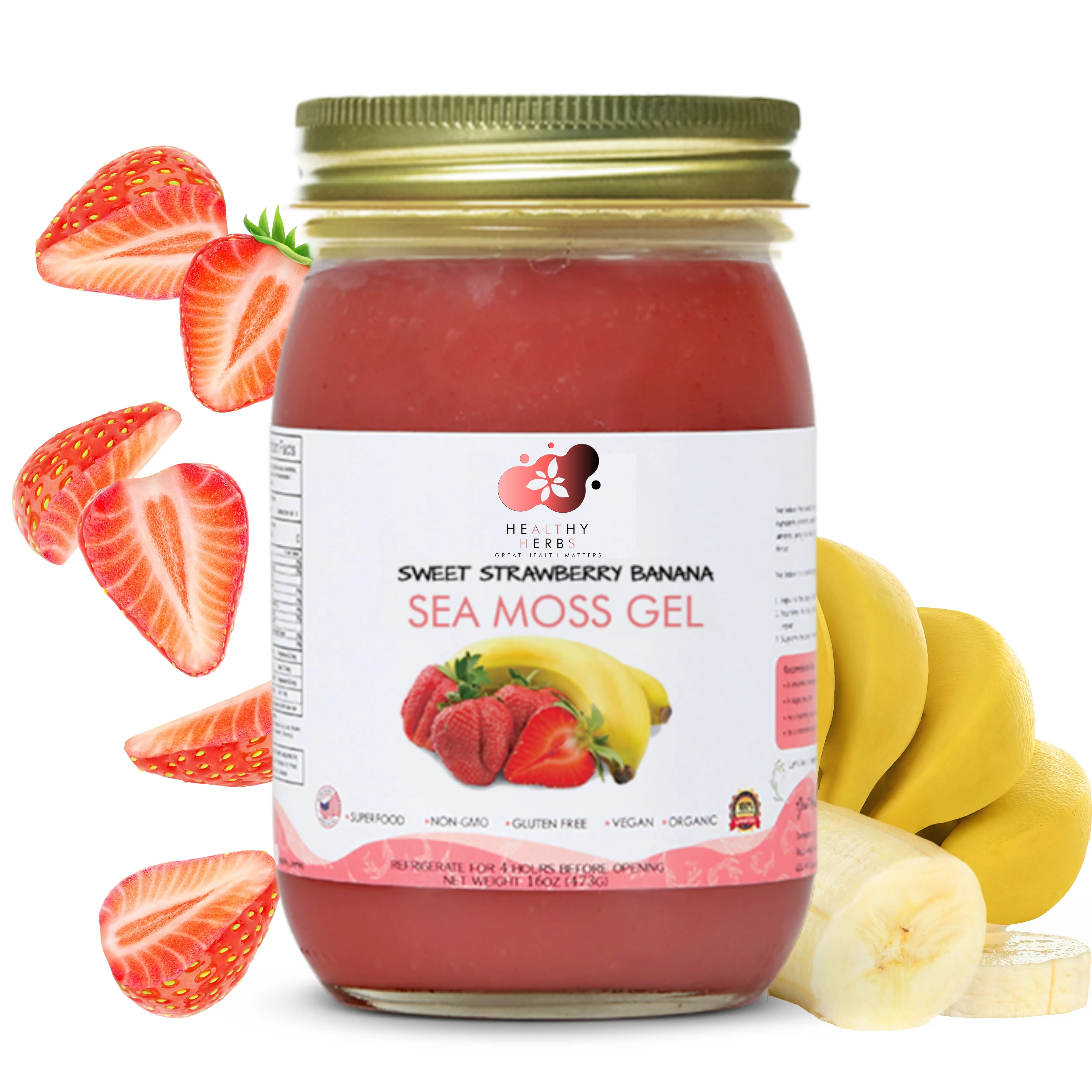 Healthy Herbs Sea Moss Gel – Sweet Strawberry Banana | Wildcrafted Gold St. Lucia Seamoss | 90+ Nutrients for Energy, Gut, Thyroid & Immune Health | V