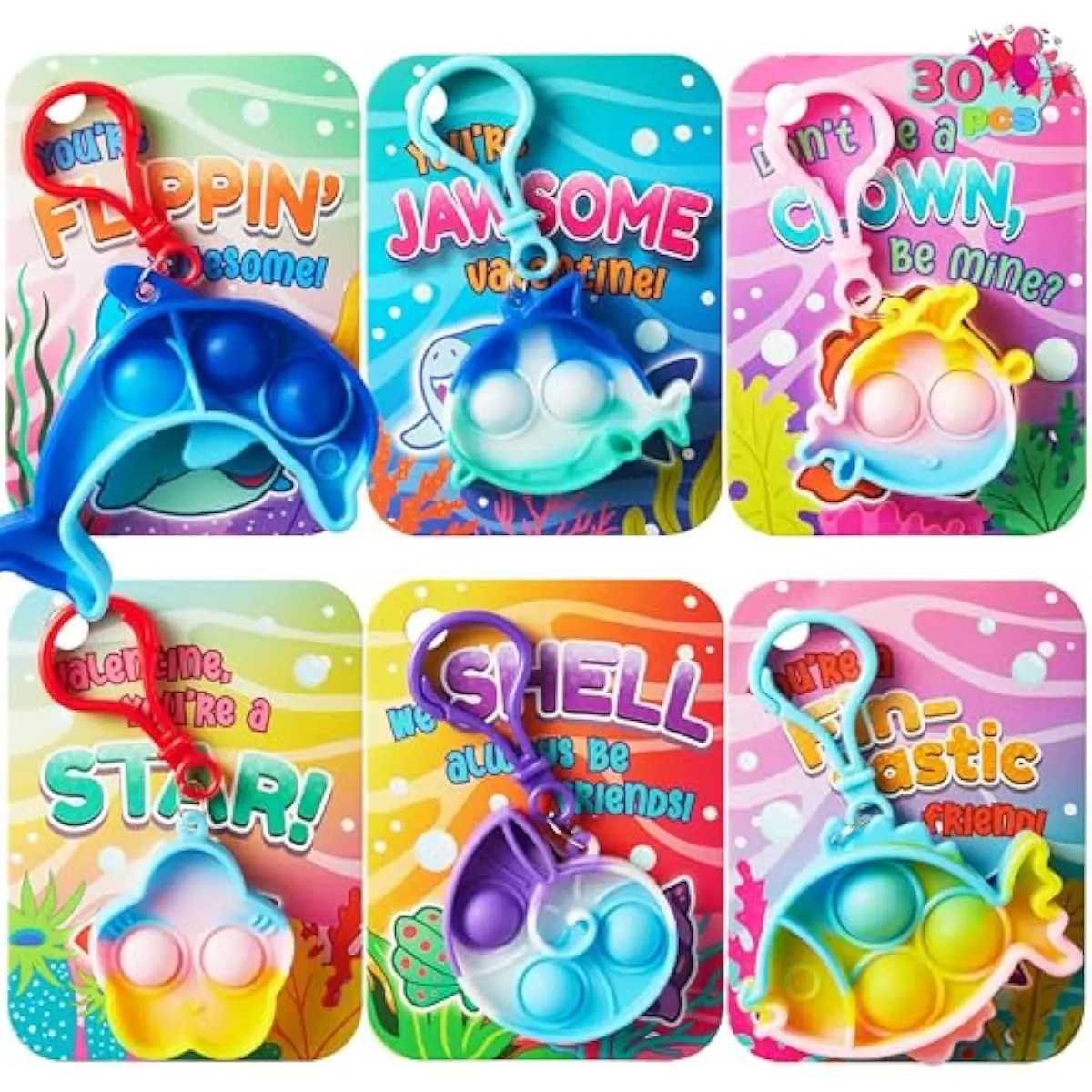30 Packs Valentine's Day Card with Sea Animal Bubble Pop Keychain, Pop Fidget Toys Stress Relief Handle Toy for Kids Valentine Classroom Exchange Prizes, Valentine's Party Favors