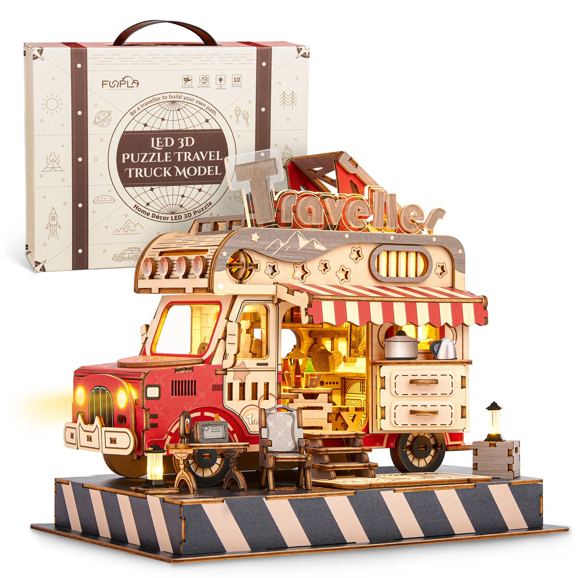 FUNPOLA 3D Wooden Puzzle Travel Truck Model - 3D DIY Kit with Touch-Activated LED Lights - Ideal for Teens, Adults & Home Décor, Red and Pink&Blue Crafts Blocks