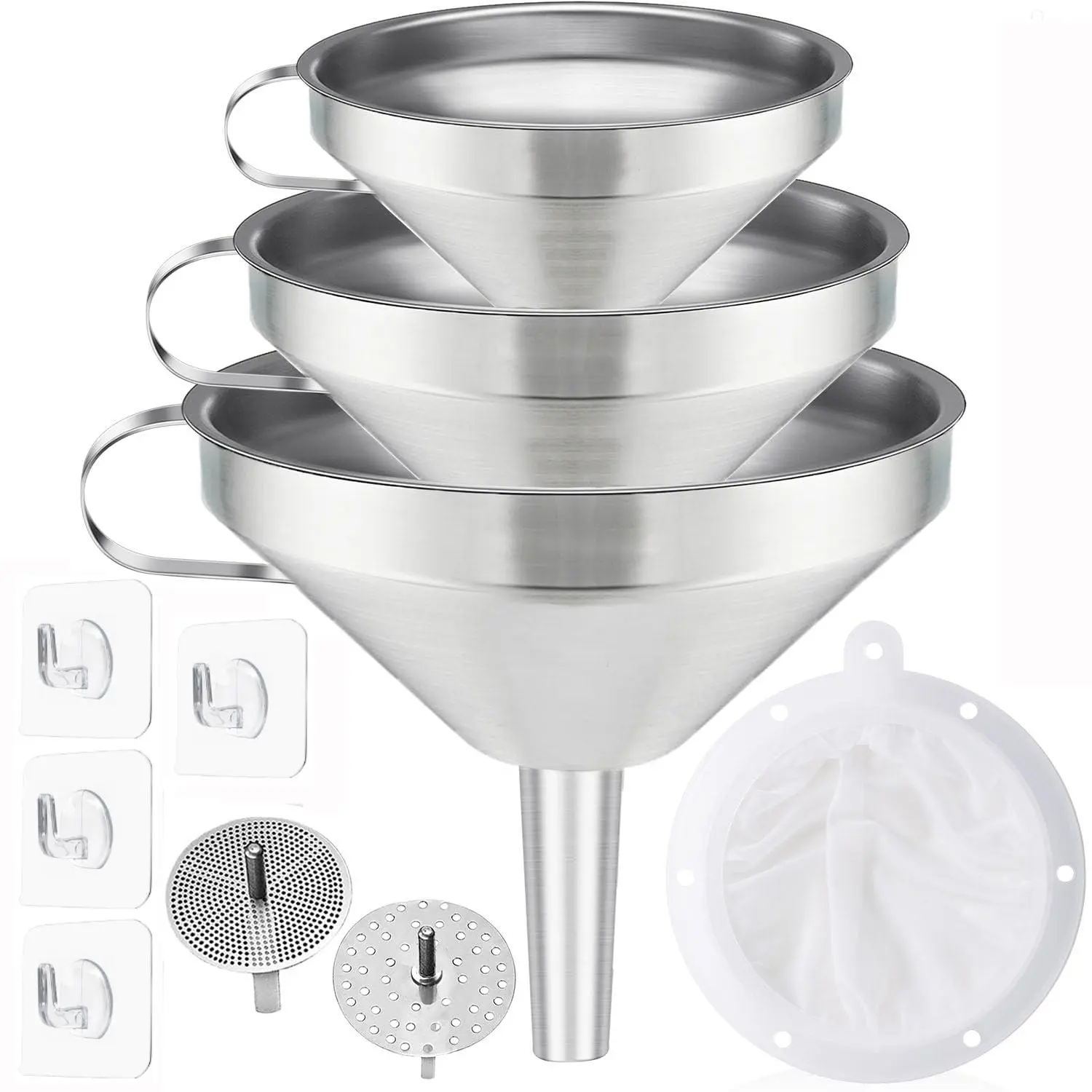 3 Pack Stainless Steel Funnels for Kitchen Use, Food Grade Cooking Funnel with 3 Strainer, Kitchen Funnel Set Metal Funnels for Filling Bottles