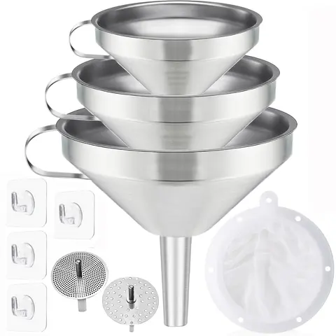 3 Pack Stainless Steel Funnels for Kitchen Use, Food Grade Cooking Funnel with 3 Strainer, Kitchen Funnel Set Metal Funnels for Filling Bottles