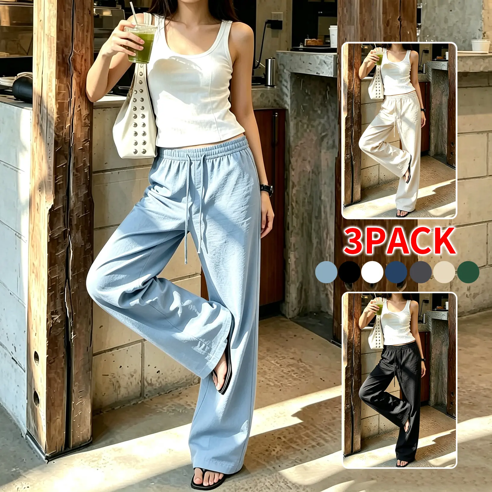 3-Pack/1-Pack Unisex American-Style Lightweight Sun-Protection Wide-Leg Pants, Elastic Drawstring Waist, Solid Color, Versatile for Travel, Commuting, and Everyday Home Wear
