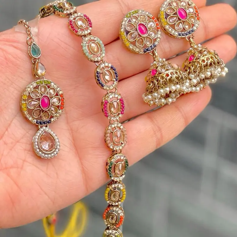 Pakistani Premium Quality Stone Work Neckpiece Set - Sleek Reverse Ad Design, Matching Jhumkie and Tikka
