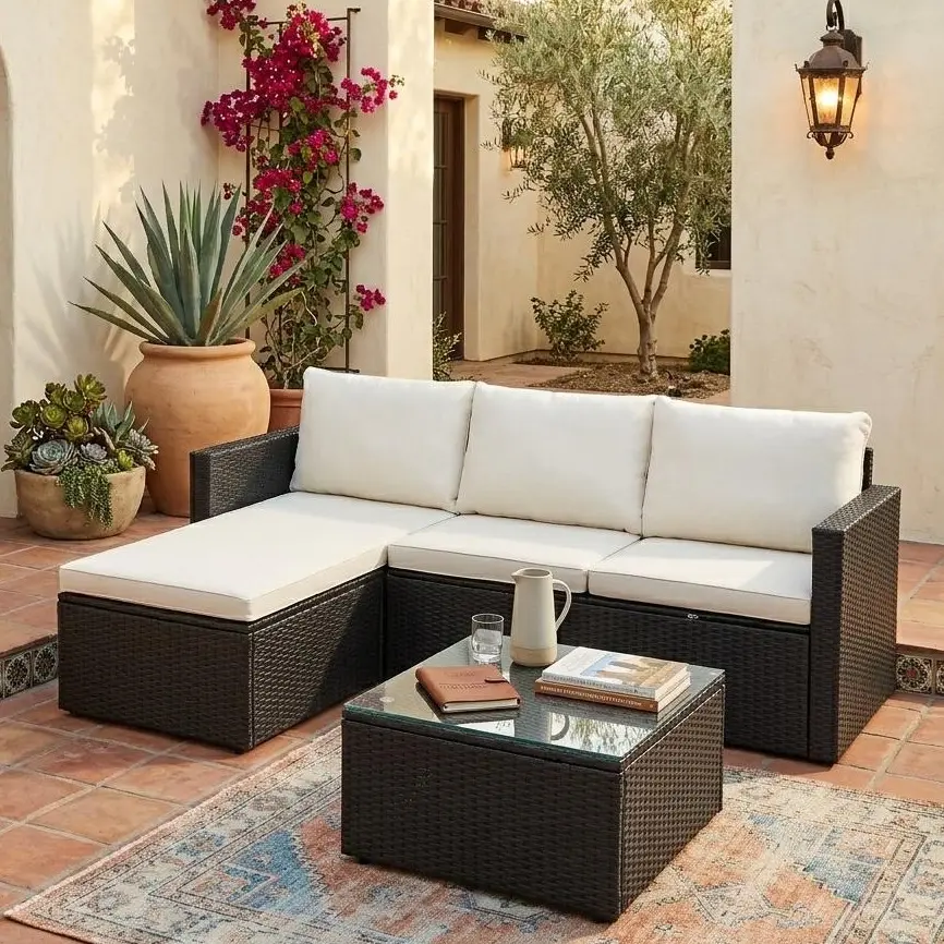 Walsunny Patio Furniture Set - 5 Piece Outdoor Sectional Wicker Patio Furniture with Glass Table and Cushions, All-Weather Wicker Rattan, Beige
