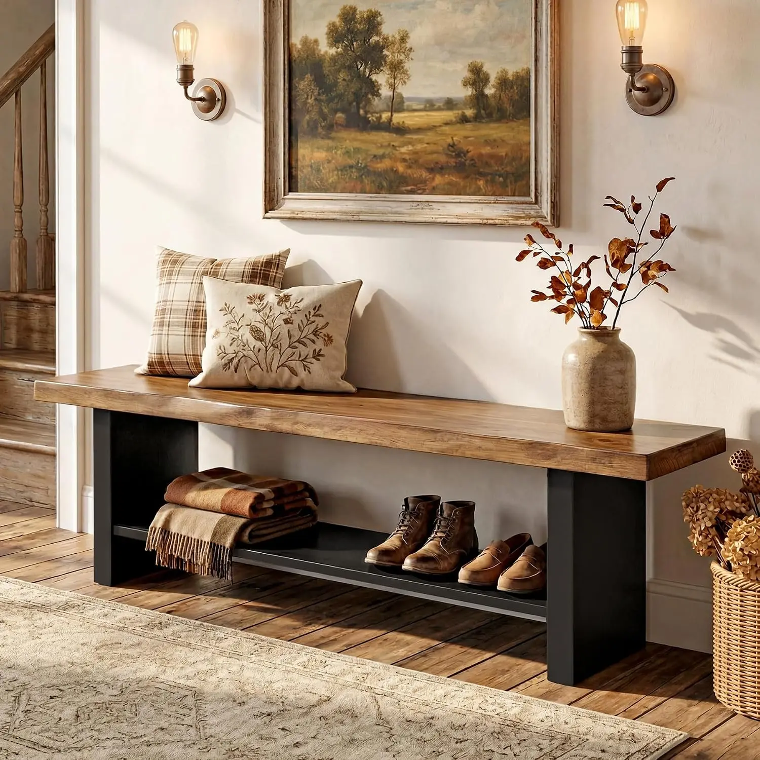 TRIBEWOOD 55" Long Solid Wood Storage Bench, 2-Tier Narrow Rustic Brown Bench with Shoe Shelf, Matte Legs, Quick Setup for Entryway, Bedroom - Rustic Farmhouse Decor Indoor Furniture