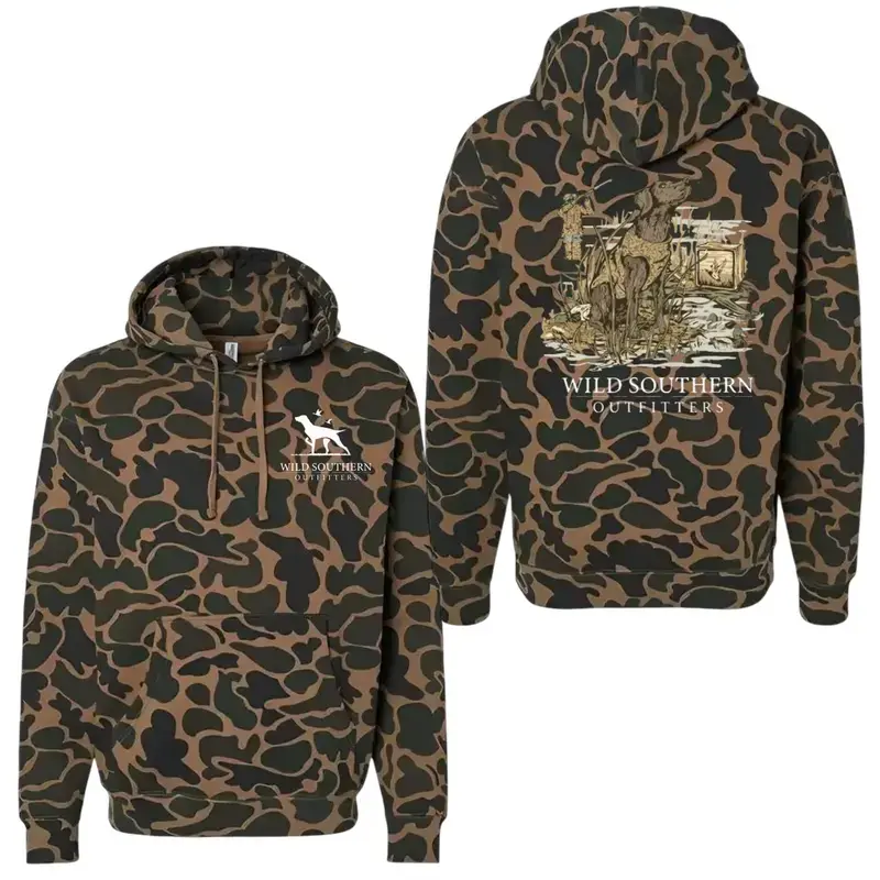 Wild Southern Duck Hunting Hoodie, Men's Camo Hunting Dog Hoodie, Labrador & Duck Graphic Sweatshirt, Vintage 3D Outdoor Pullover, Gift for Hunters