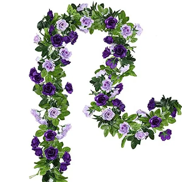 Floweroyal 2 Pack Artificial Flower Garlands 15.8FT Fake Rose Vines Silk Flowers Hanging Rose Ivy for Wedding Arch Party Home Garden Wall Decor (Purple)