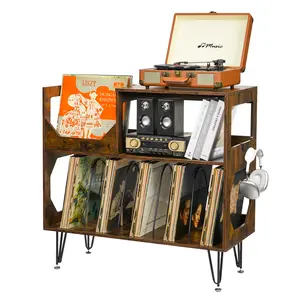 Large Rustic Record Player Stand, 2 Tier Record Player Table with Vinyl Record Storage, Vinyl Record Storage Cabinet with Metal Legs, Turntable Stand for Living Room, Bedroom, Holds 370 Albums