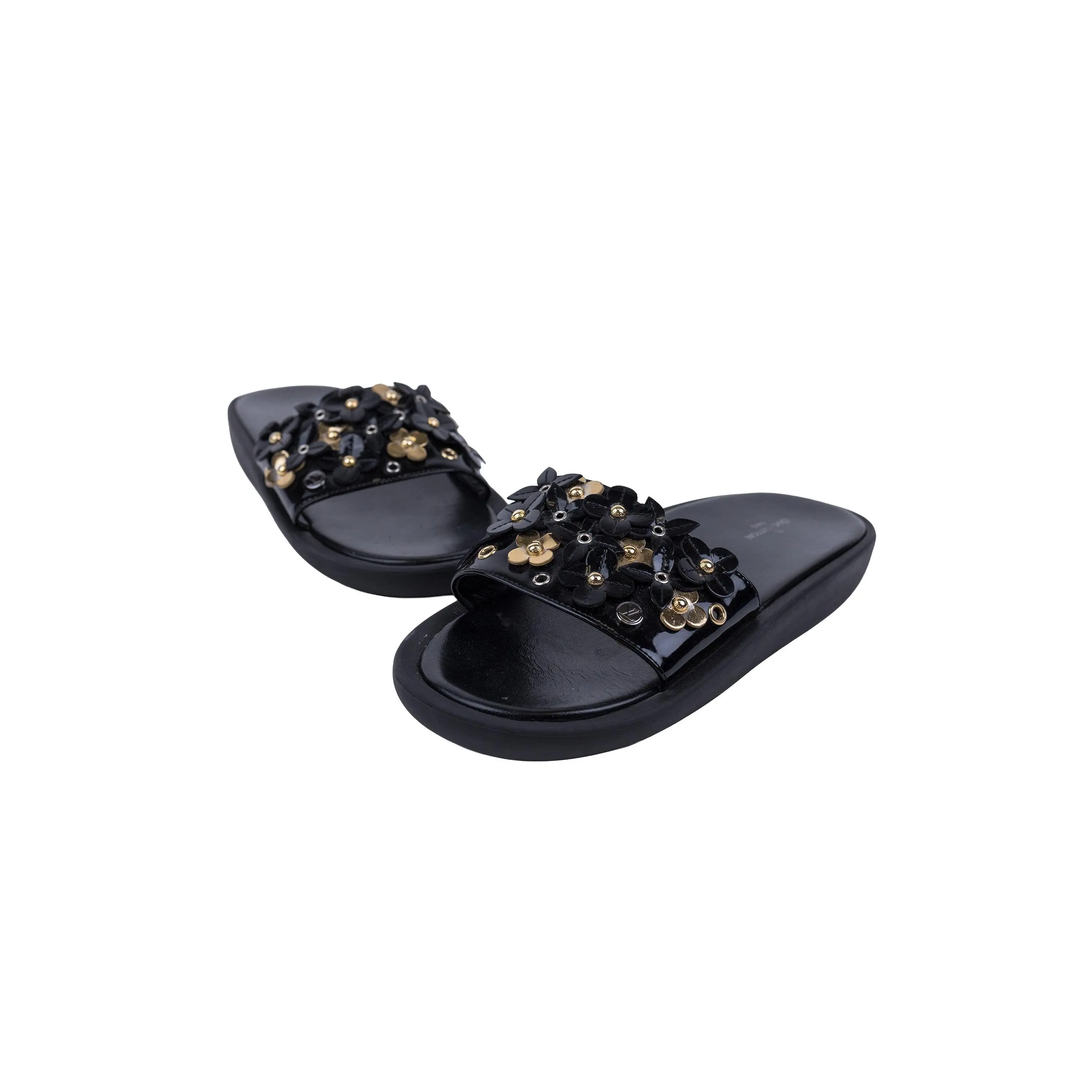 Louis Vuitton Black Patent Leather Flower Sunbath Slides Size 36