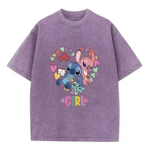 Disney Stitch and Angel Couple Photo 230g Washed Cotton Tee for Summer Casual Wear Comfortable Soft Fabric