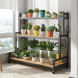 3-Tier Rolling Plant Stand, Metal Frame with Bamboo Shelves, Indoor Plant Storage Rack with Wheels, Size 50 X 40 X 18