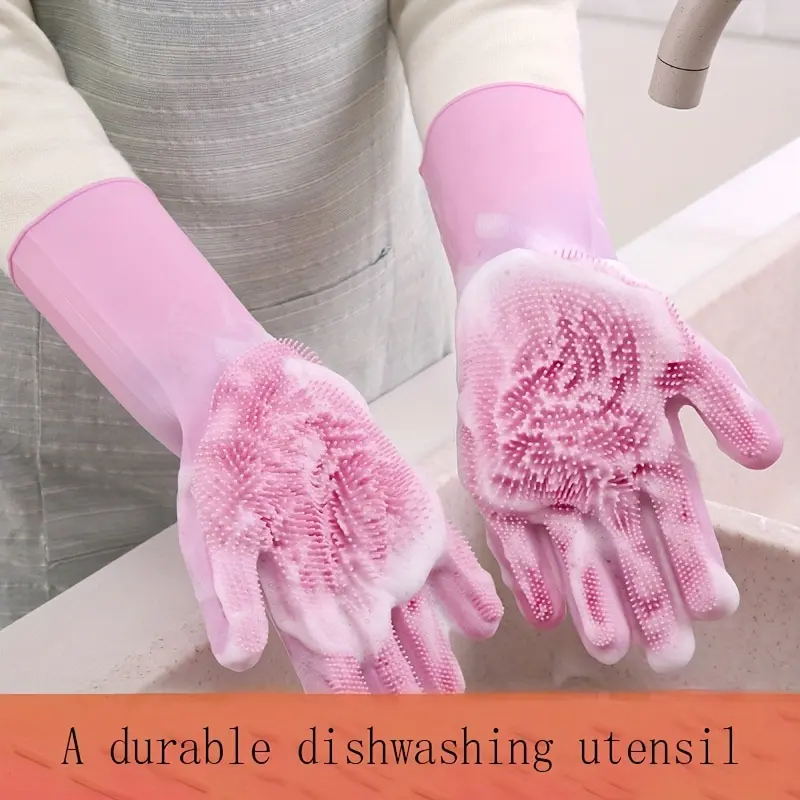Silicone Cleaning Gloves Reusable Household Scrubber Gloves with Built In Bristles for Kitchen Dishwashing Pet Bathing Bathroom Cleaning Heat Resistant Multipurpose Cleaning Gloves
