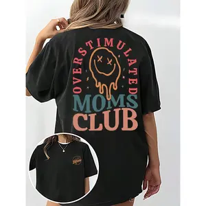 Women's Oversized Cotton Round Neck Short Sleeve Streetwear Tee - Overstimulated Moms Club Funny Mom Life Graphic, Retro Smiley Front & Back Prints, Geometric Elements, Casual Fabric for Day Wear