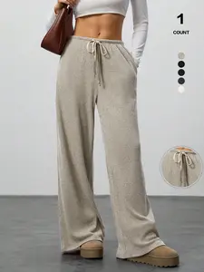 2026 Spring Summer Women's Ribbed Wide-Leg Lounge Pants Bottom - Multi-Color Options, High Waist Elastic Waistband with Drawstring, Soft & Drapey Skin-Friendly Fabric, Side Pockets, Loose Fit & Slimming, Versatile for Home & Office