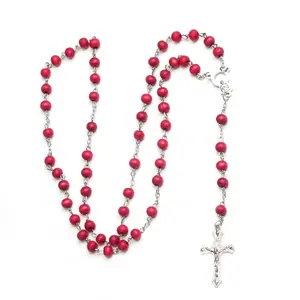 Crossed Rose Sutra Wood Necklace Wooden Beads Red Rosary Catholic Necklaces