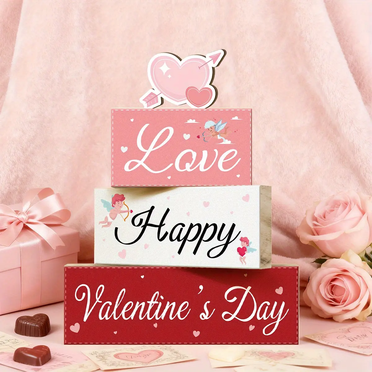 4 Pcs Valentine Decorative Sign & Plaque Love Happy Valentine Day Wooden Blocks with Cupid, Table Centerpiece, Tiered Tray Decor & Decorative Stacked Blocks for Coffee Table, Fireplace Mantel, Floating Shelf