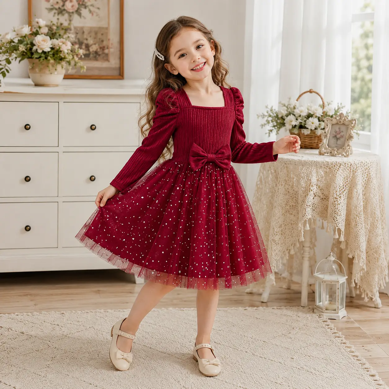 Girls Burgundy Long Sleeve Holiday Dress for 4-7 Years | Sparkly Star & Moon Tulle Party Dress | Little Girl Elegant Christmas & Birthday Princess Gown