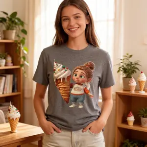 Women's Plus Size Vintage Graphic Tees - Cute Girl Giant Ice Cream Oversized T-Shirt | Kawaii Sweet Trendy Tops