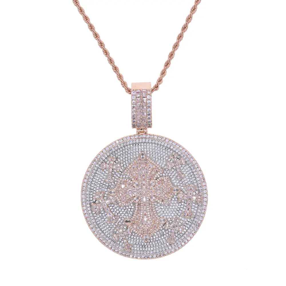 M2-2015 Fully Iced Cross Medallion Pendant Rose Gold Twist Statement Religious Necklace Shine So Bright Tiktokshopspringglowup summerwins
