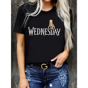 Women's Wednesday Halloween Graphic T-Shirt Casual Crew Neck Short Sleeve Top with White Letter & Hand Print Soft Relaxed Fit Black Tee 100% Cotton Breathable Fabric Minimalist Style