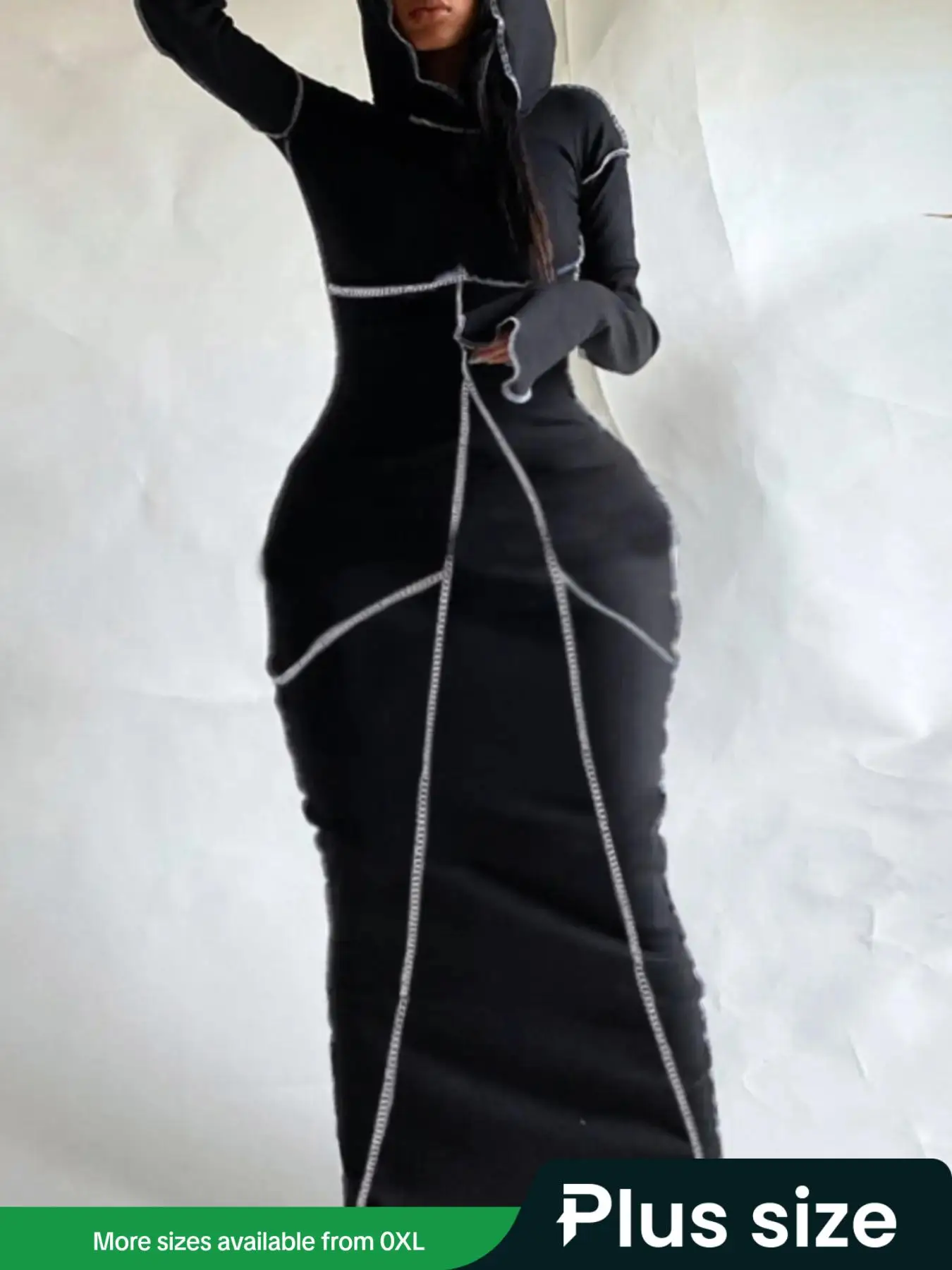 Lovelywholesale Plus Size Top-stitching Hooded Dress, Fashion Drop Shoulder Long Sleeve Bodycon Dress, Women's Clothing, Fall Clothes 2024