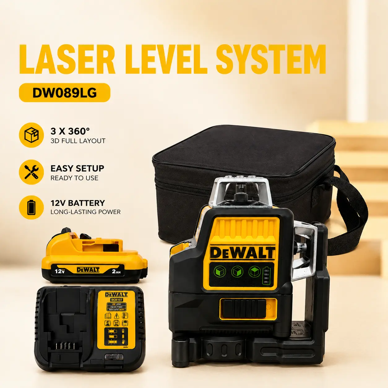 Dewalt NEW DW089LG 12V Lithium Battery Laser Leveler Tool, 12 Lines, 3 Sides-360 Degree Vertical & Horizontal Green Beam, Portable, Compact Body Fits Tight Job Sites, Made for Construction & DIY