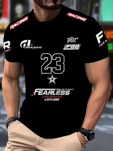 Men's Fearless Racing Pattern Graphic T-Shirt, Casual Breathable Round Neck Short Sleeve, 23 Number Star Plaid Design, Perfect for Summer Outdoor Activities