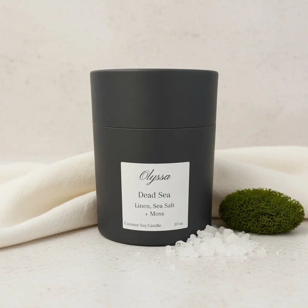 Dead Sea soy and coconut wax candle; creates a clean, calming atmosphere inspired by coastal air and mineral-rich shores