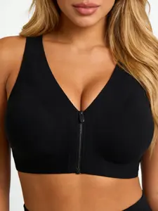 Women's Wireless Bra with Front Zipper Design, Breathable Summer Sports Bra, Workout Bras, Medium Support, Fitted Full Coverage, Plain Pattern