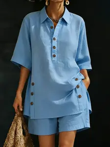 New spring/summer 2026 women's two-piece set, including a short-sleeved shirt and loose-fitting long pants