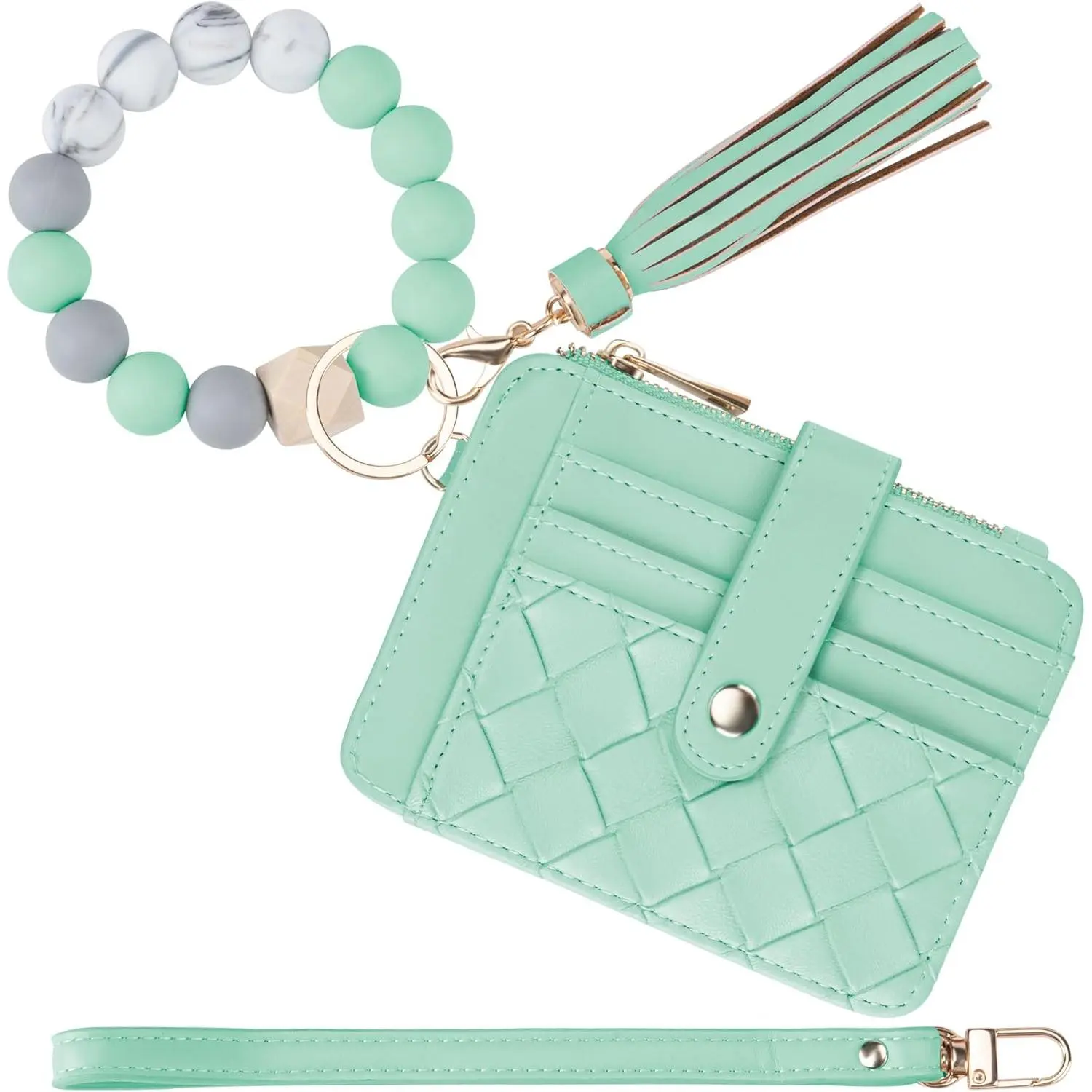 Women's Chic Silicone Bead & Wooden Bead Bangle Wristlet Keychain Wallet - Hands-Free, Detachable PU Leather RFID Blocking Card Holder with Tassel, for Casual & Wedding Use, Silicone Beads