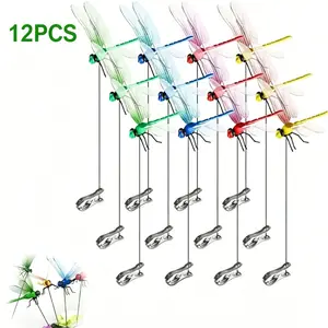 12Pcs Indoor  Outdoor Fake Dragonfly Rod Clip, Dragonfly Clip Bug Repellent Spring Viral Garden Decor，Bird Deterrent Natural Yard Art Horticultural Dragonfly Decoration