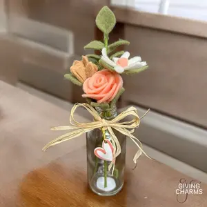 Giving Charms Mini Felt Rosebud Bouquet in Glass with Heart Design and Ribbon Accents
